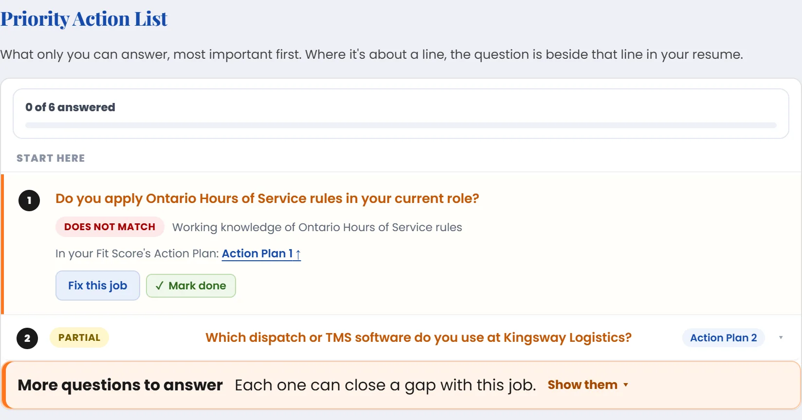 The Priority Action List asking whether the candidate applies Ontario Hours of Service rules, marked Does Not Match, and which dispatch software she uses, marked Partial