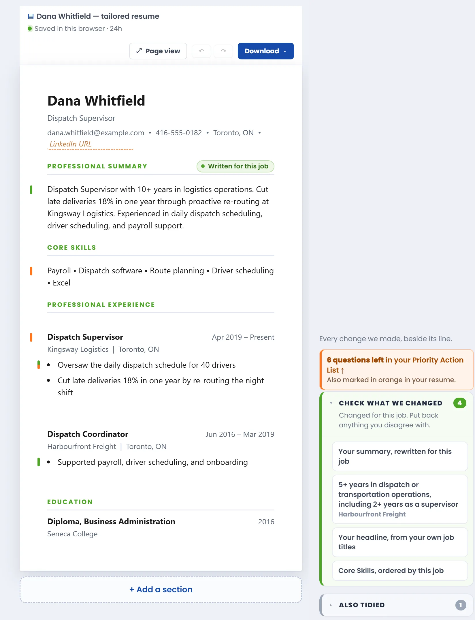 The tailored resume for the made-up candidate, with a summary marked Written for this job, and a margin listing four changes and six open questions