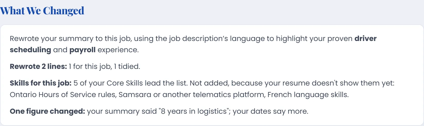 What We Changed: the summary rewritten for the job, two lines rewritten, five core skills reordered, three skills not added because the resume does not show them, and one figure changed