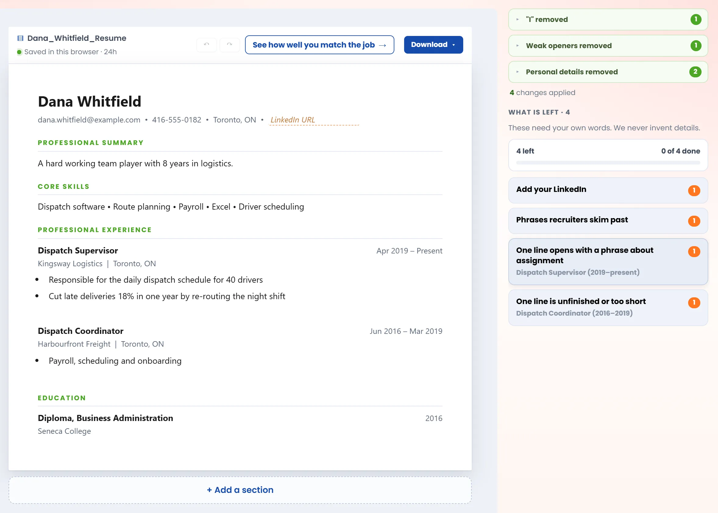Resume Cleanup showing a fictional resume rebuilt into standard sections, with the changes it made and four notes left for the candidate in the margin