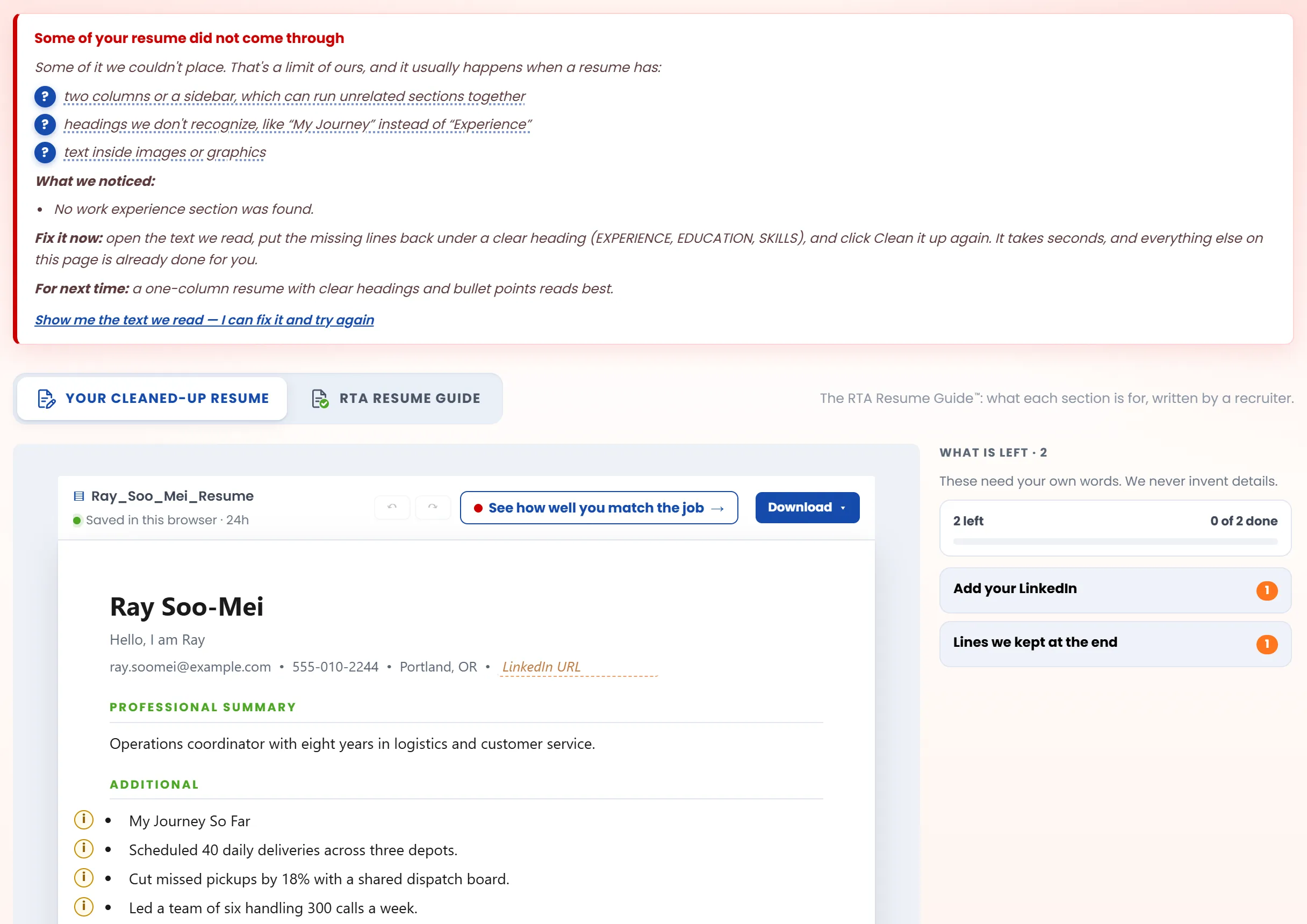 A red panel saying some of a fictional resume did not come through, naming the likely causes, with the lines it could not place kept at the end of the document