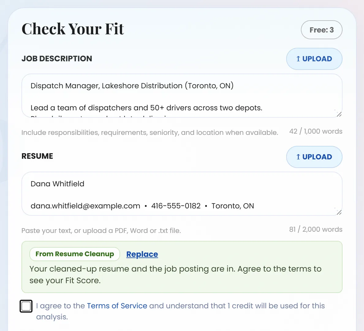 The Fit Score form with the cleaned-up resume and the job posting already filled in, marked From Resume Cleanup
