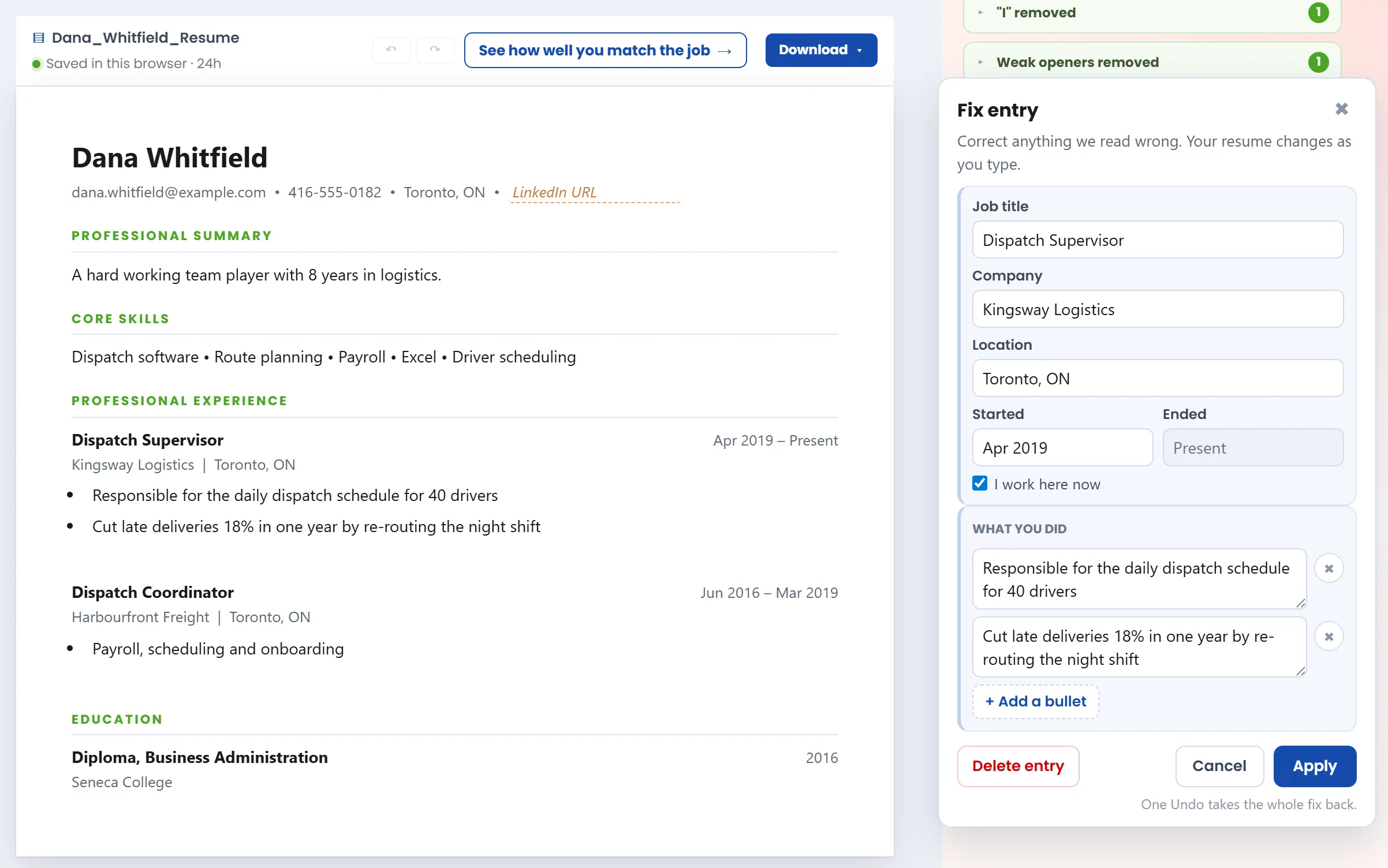 The Fix entry form open beside a fictional resume, with the job title, company, location, dates and bullets in editable fields
