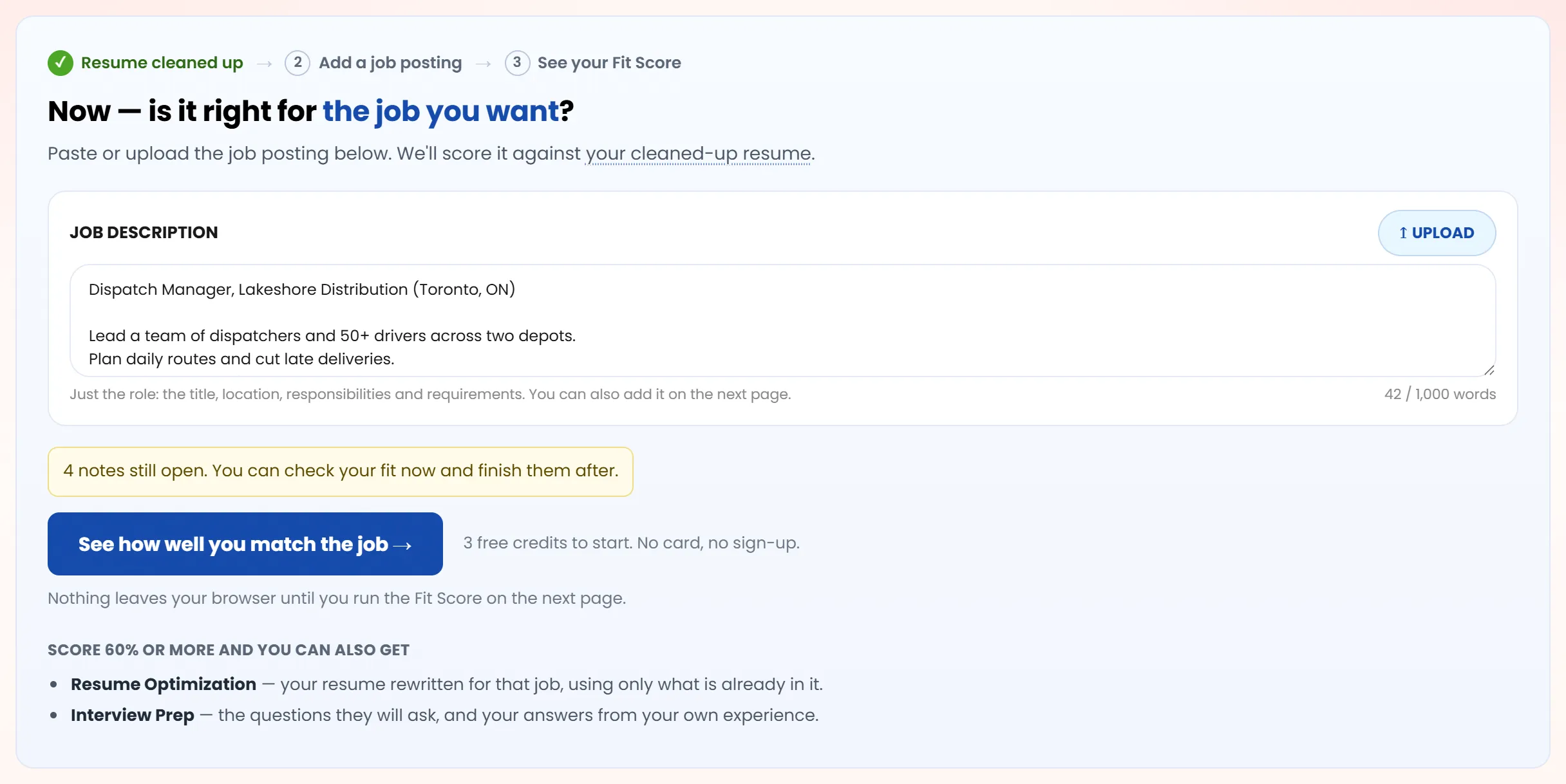 The box at the bottom of Resume Cleanup where you paste a job posting, with a See how well you match the job button