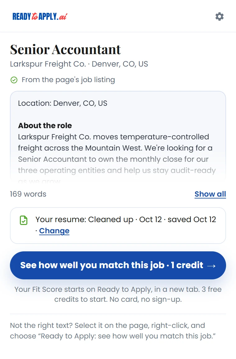 The Ready to Apply extension popup on a fictional job posting, showing the saved resume it will send, named Cleaned up, with a link to change it