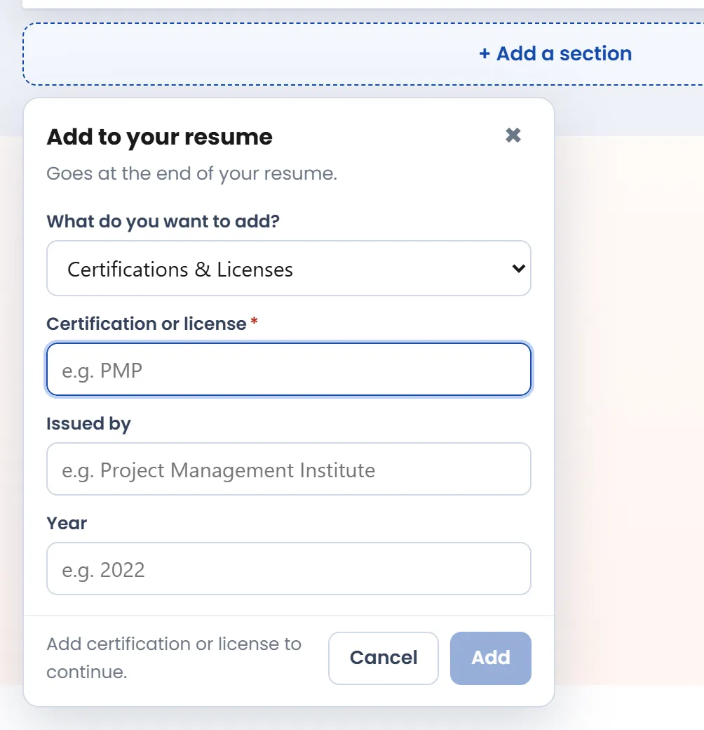 The Add to your resume form with Certifications and Licenses chosen, asking for the certification, who issued it, and the year
