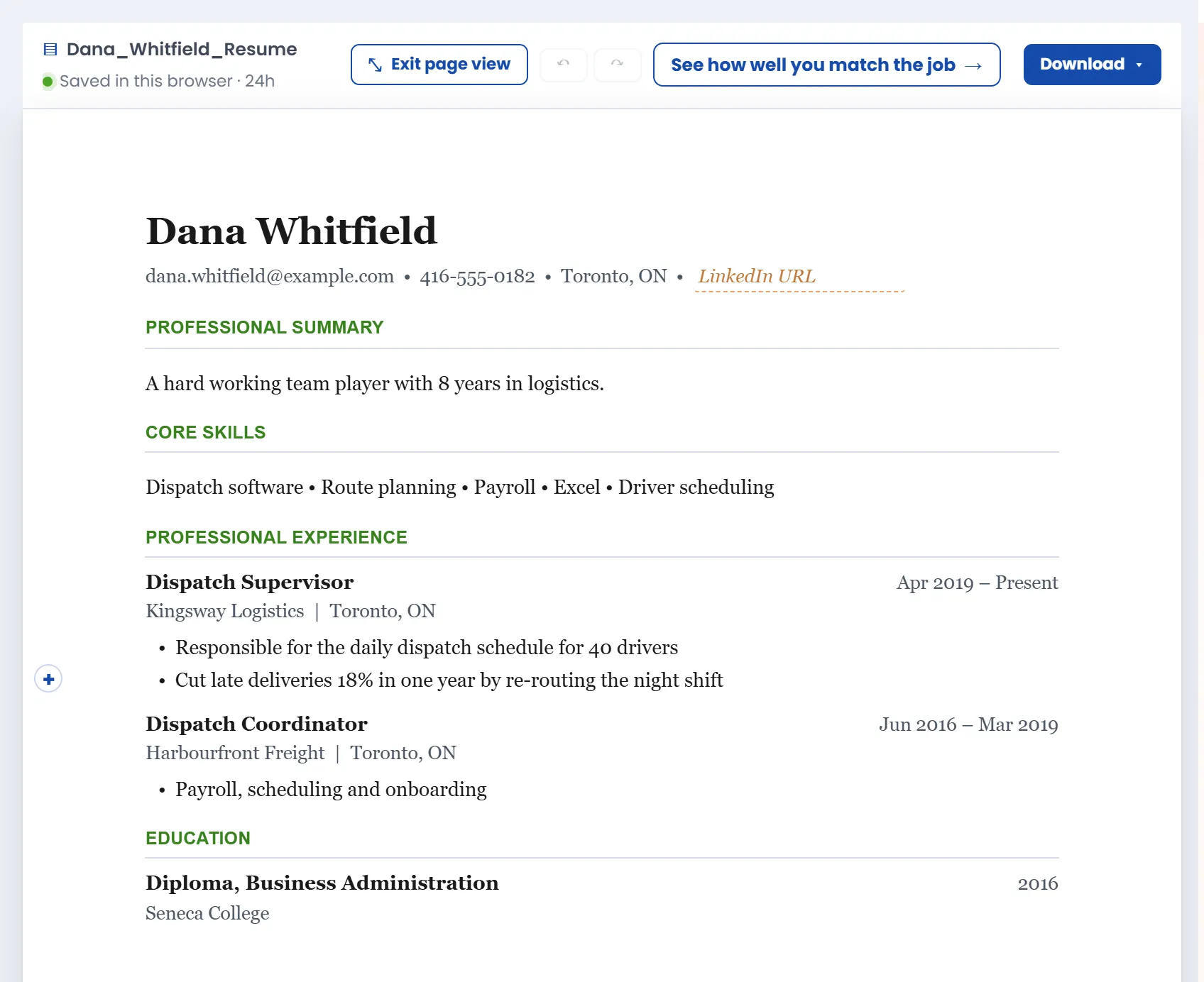 Page view of a fictional resume at its real page size, with buttons to exit page view, match a job, and download